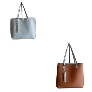 NWOT Pebbled Faux Leather Reversible 2 in 1 Tote Shoulder Handbag Sky Blue Brown